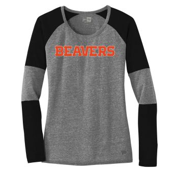 Women's Grey Heather and Black Beavers Logo Tri-Blend Baseball Long Sleeve